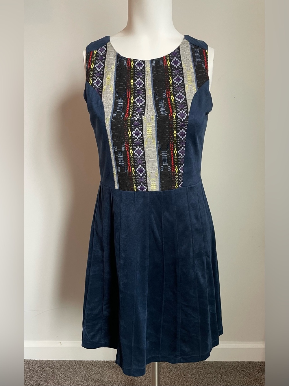 Esley Navy Sleeveless Dress with Multicolor Embroidered Panel